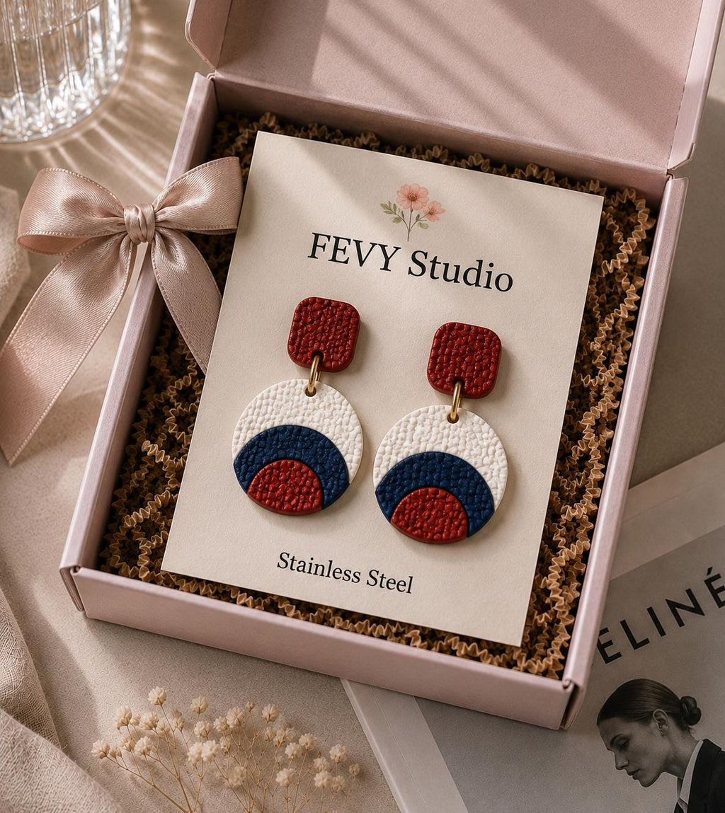 Textured Polymer Clay Statement Earrings | Red, White, Blue Coastal Dangle Jewelry
