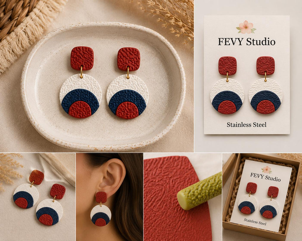 Textured Polymer Clay Statement Earrings | Red, White, Blue Coastal Dangle Jewelry