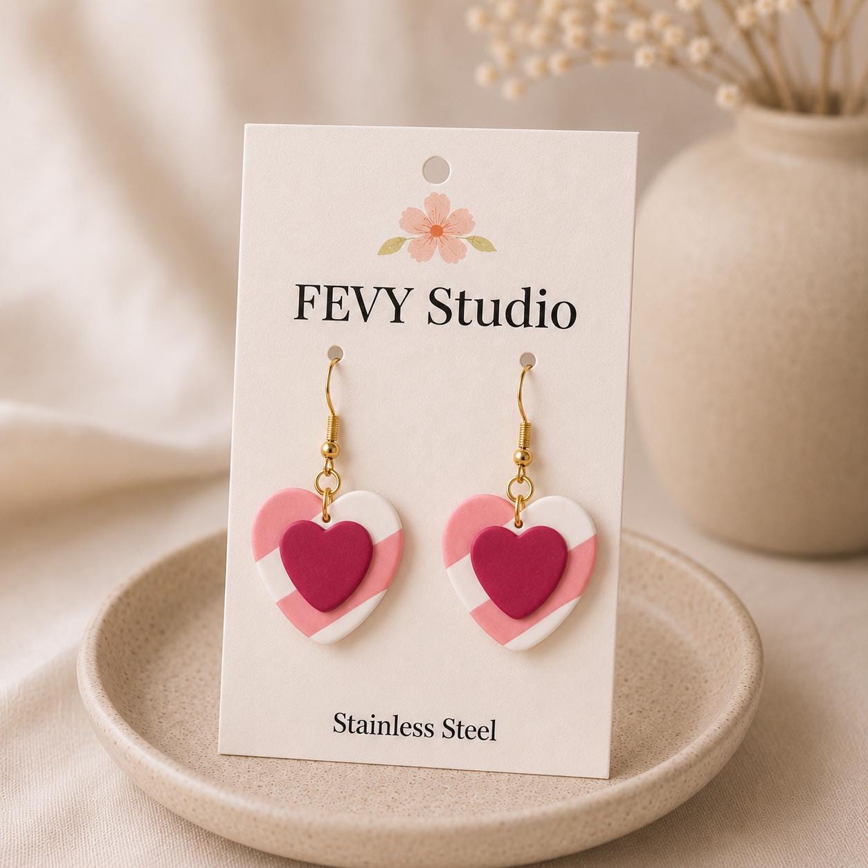 Pink Heart Dangle Earrings, Layered Polymer Clay, 18K Gold Plated Hooks