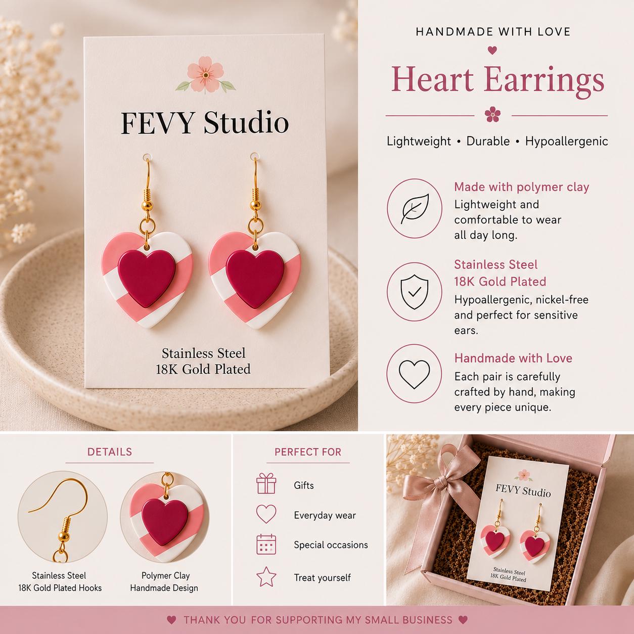 Pink Heart Dangle Earrings, Layered Polymer Clay, 18K Gold Plated Hooks