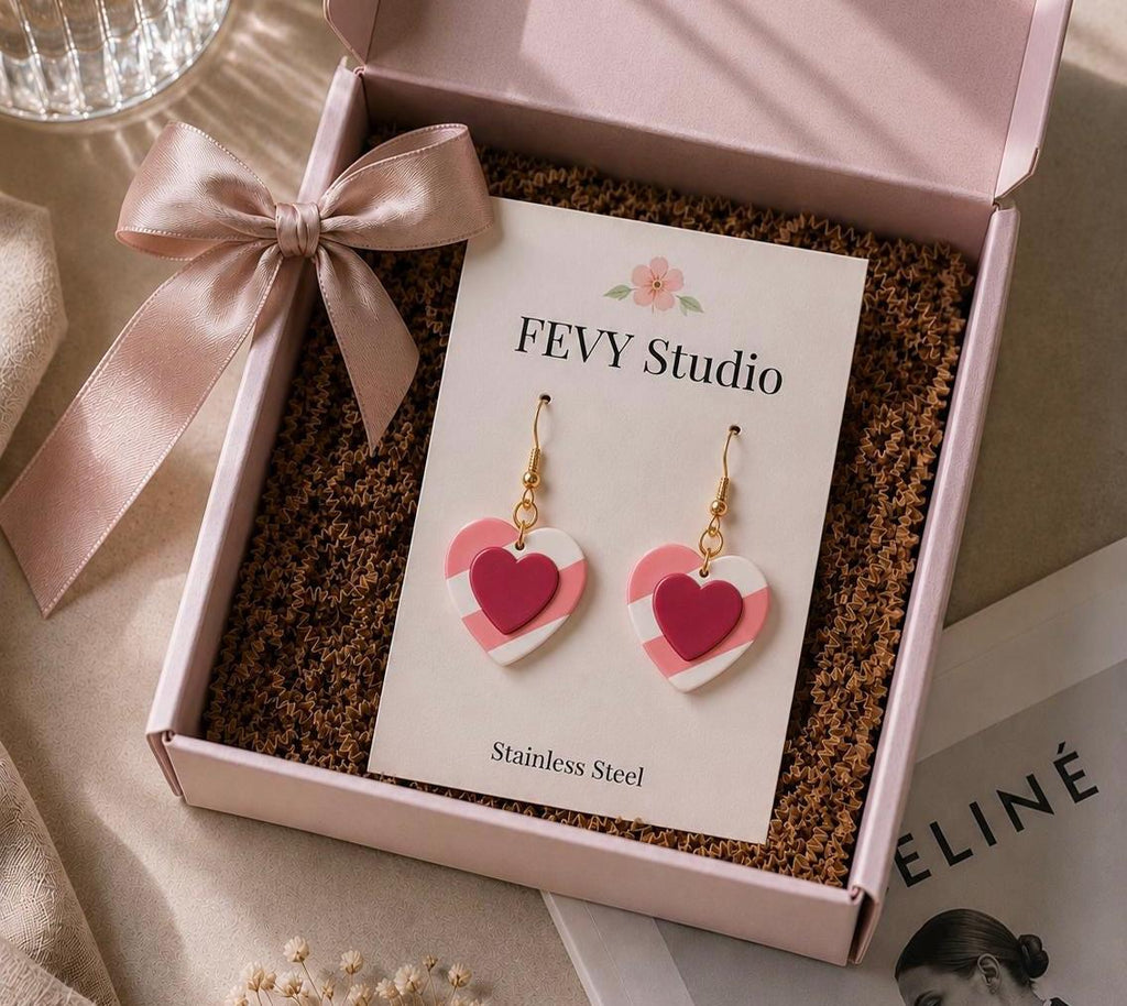 Pink Heart Dangle Earrings, Layered Polymer Clay, 18K Gold Plated Hooks