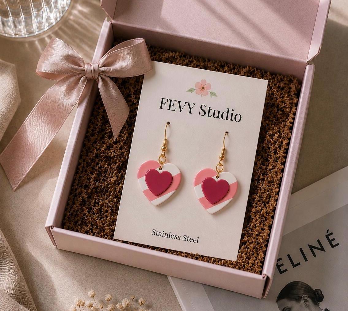 Pink Heart Dangle Earrings, Layered Polymer Clay, 18K Gold Plated Hooks