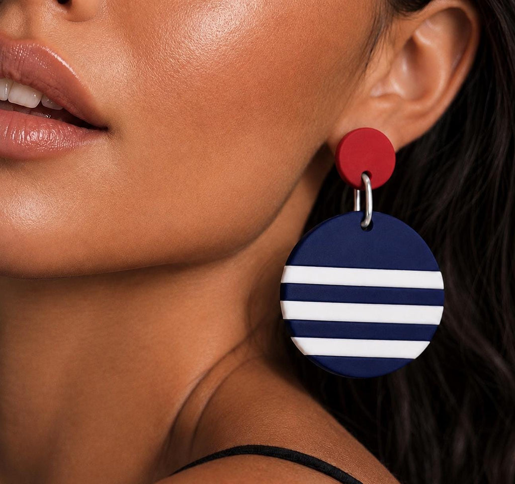 Red White Navy Blue Polymer Clay Earrings, Handmade Statement Dangle Earrings, Lightweight Modern Earrings, Gift for Her