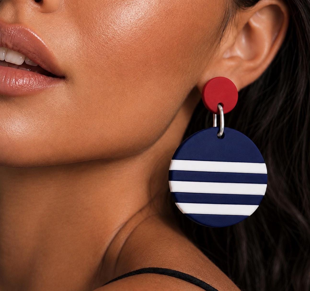 Red White Navy Blue Polymer Clay Earrings, Handmade Statement Dangle Earrings, Lightweight Modern Earrings, Gift for Her