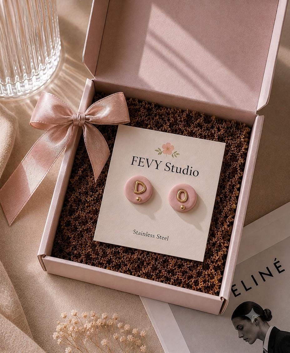 Personalized Pink Clay Initial Stud Earrings, Minimalist Gold Letter Jewelry