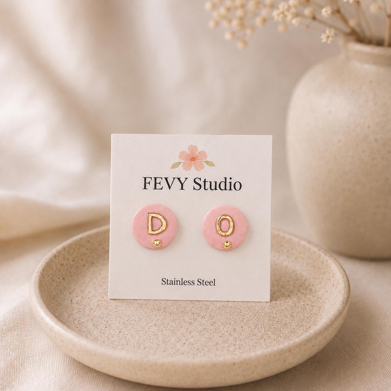 Personalized Pink Clay Initial Stud Earrings, Minimalist Gold Letter Jewelry
