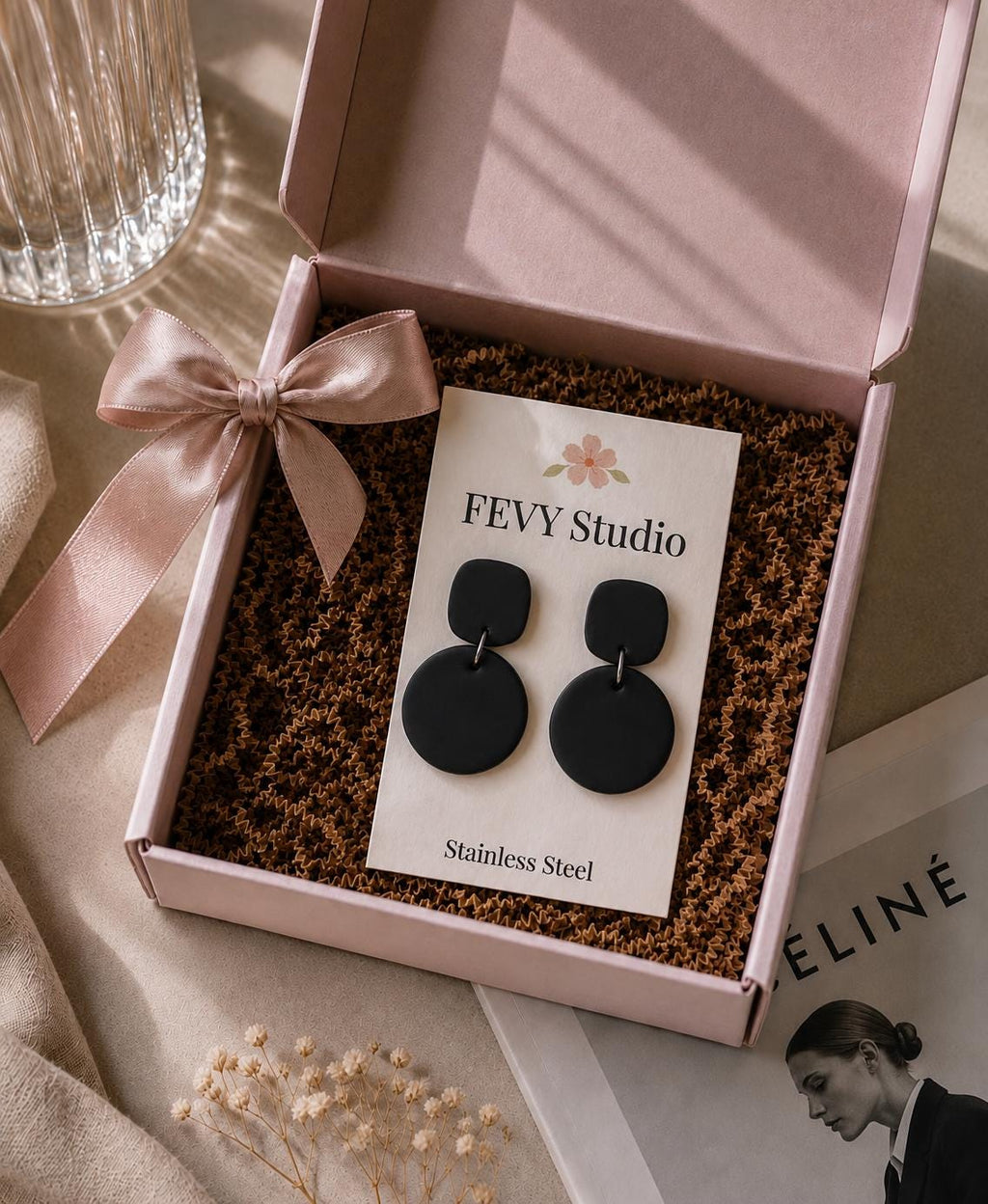 Black Polymer Clay Earrings | Minimalist Geometric Dangle Earrings | Lightweight Statement Jewelry