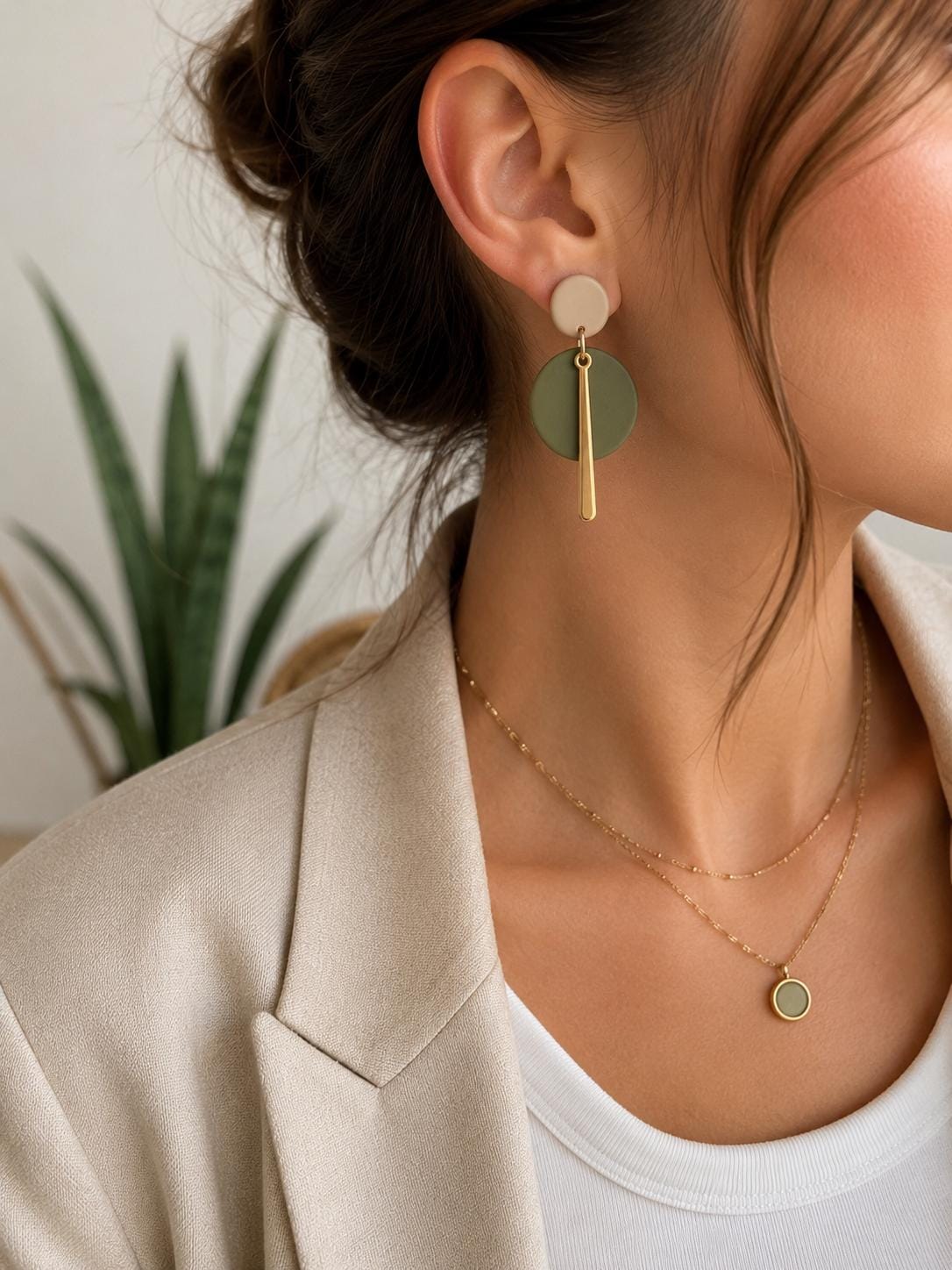 Sage Green Geometric Polymer Clay Earrings, Minimalist Gold Bar Dangle