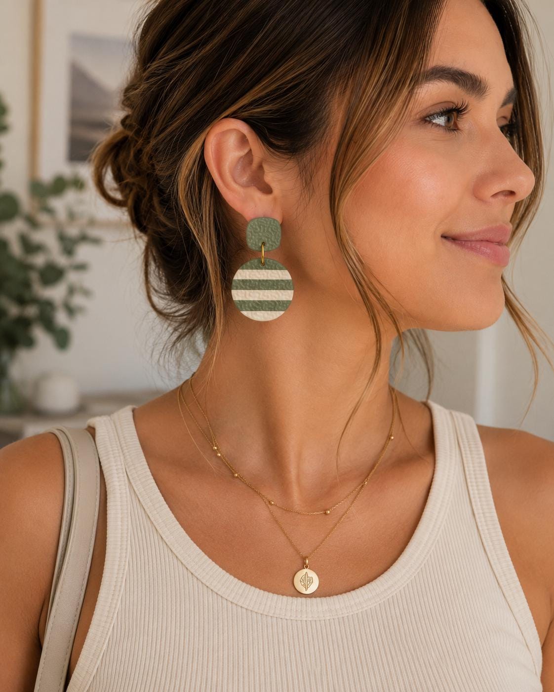 Sage Green Striped Textured Polymer Clay Dangle Earrings, Boho Lightweight Handmade Jewelry