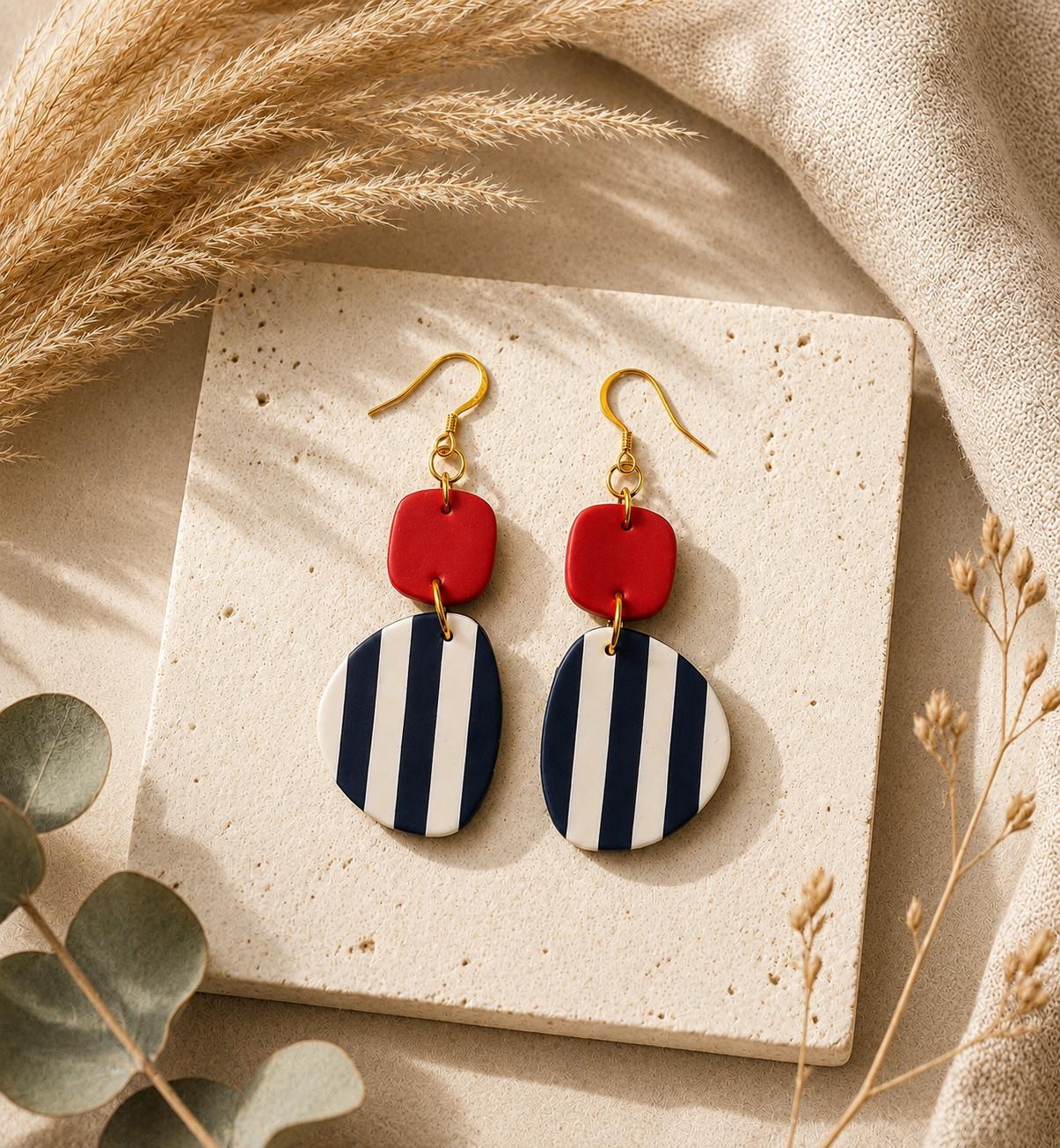 Striped Polymer Clay Earrings, Navy White Red Dangle Earrings, Handmade Statement Earrings, Lightweight Gift for Her