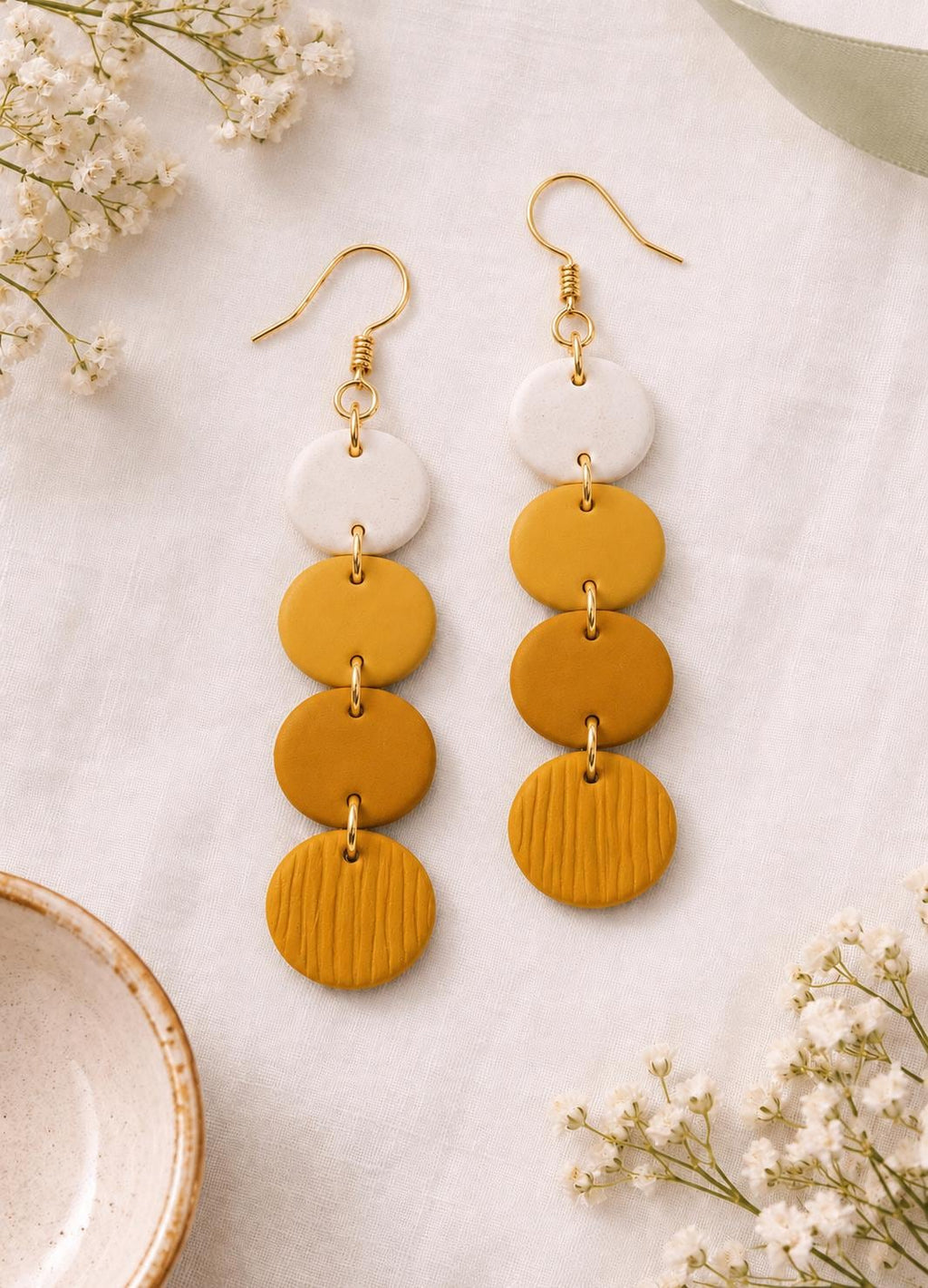 Mustard Disc Earrings | Lightweight Dangle, Gold Stainless Steel Hooks