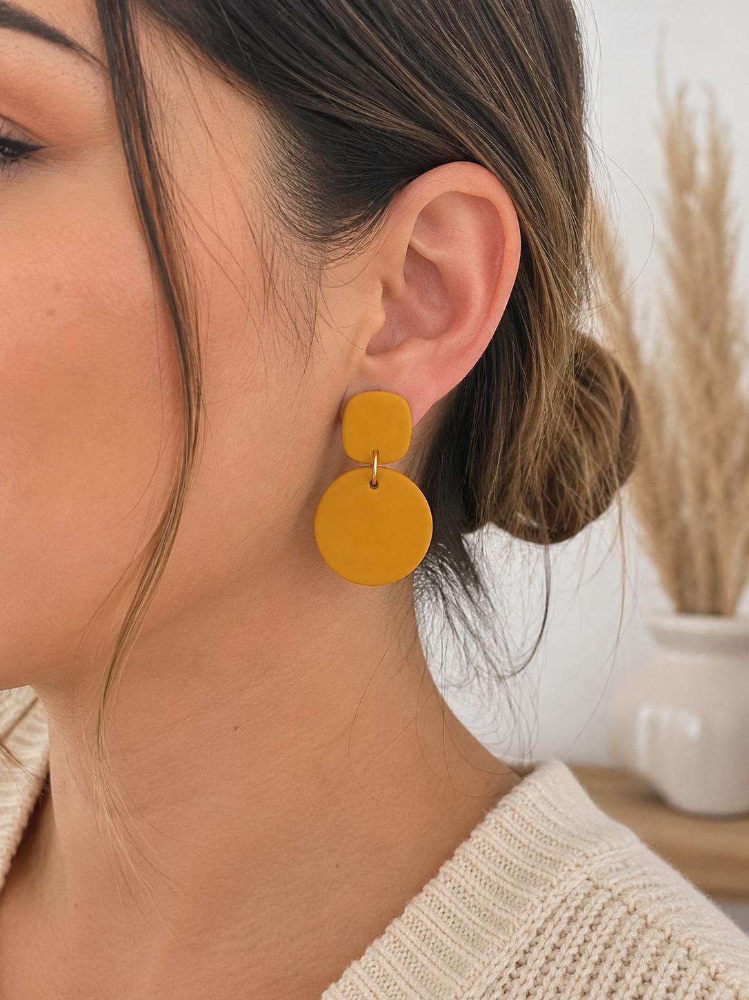 Mustard Yellow Statement Earrings | Minimalist Polymer Clay Dangle Earrings | Lightweight Geometric Earrings | Stainless Steel | Gift