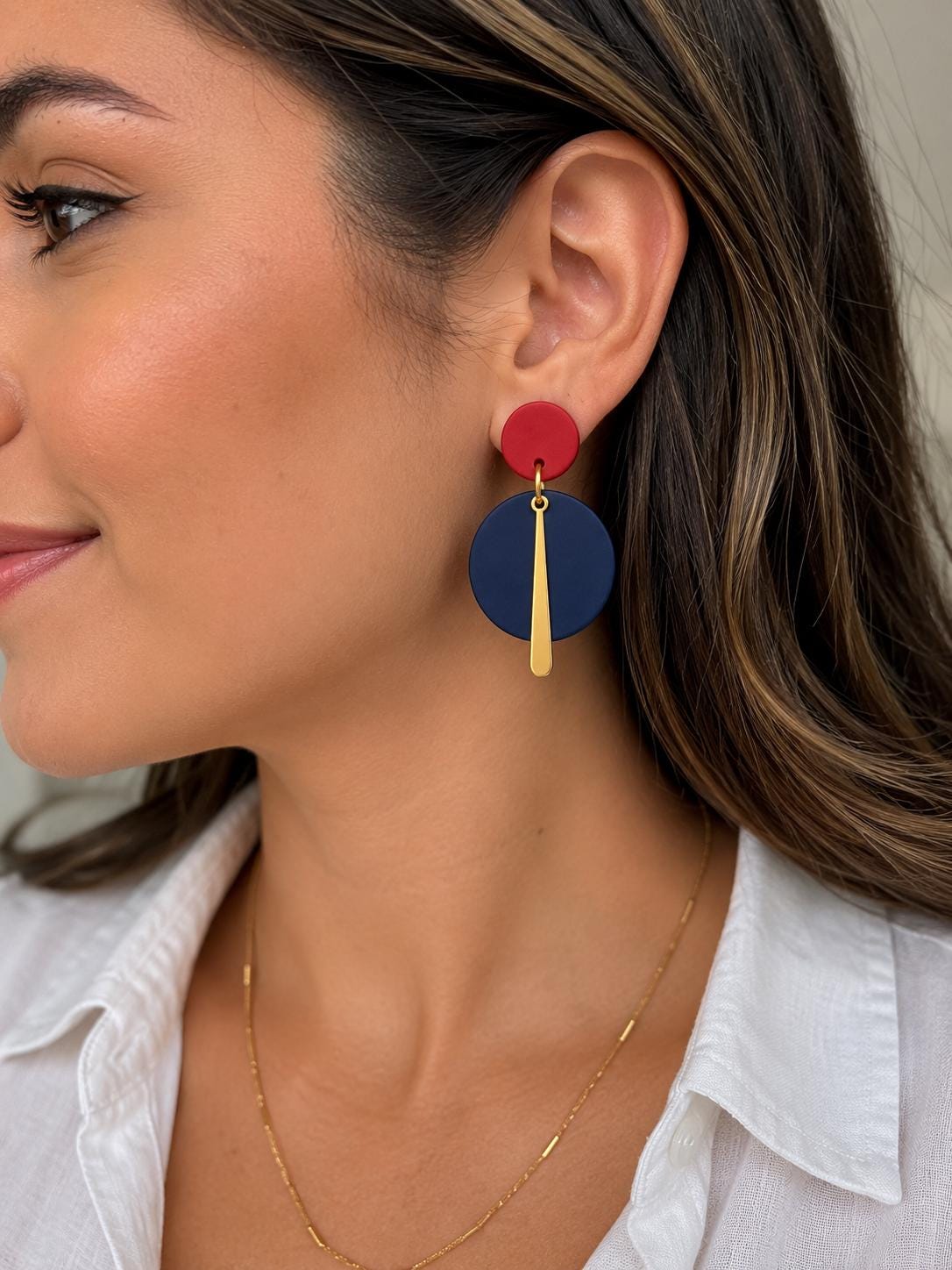 Red & Navy Blue Polymer Clay Statement Earrings, Handmade Lightweight Dangle Earrings, Modern Gold Bar Jewelry, Stainless Steel