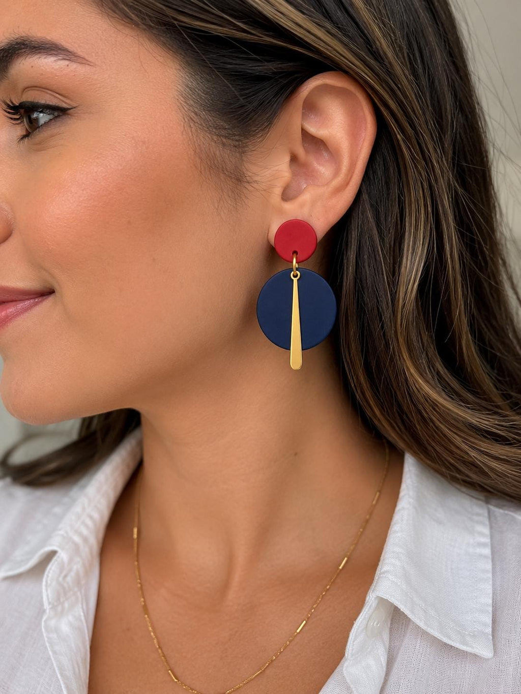Red Navy Blue Polymer Clay Earrings, Modern Gold Bar Dangle Earrings, Handmade Lightweight Statement Jewelry Gift for Her