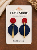 Red & Navy Blue Polymer Clay Statement Earrings, Handmade Lightweight Dangle Earrings, Modern Gold Bar Jewelry, Stainless Steel