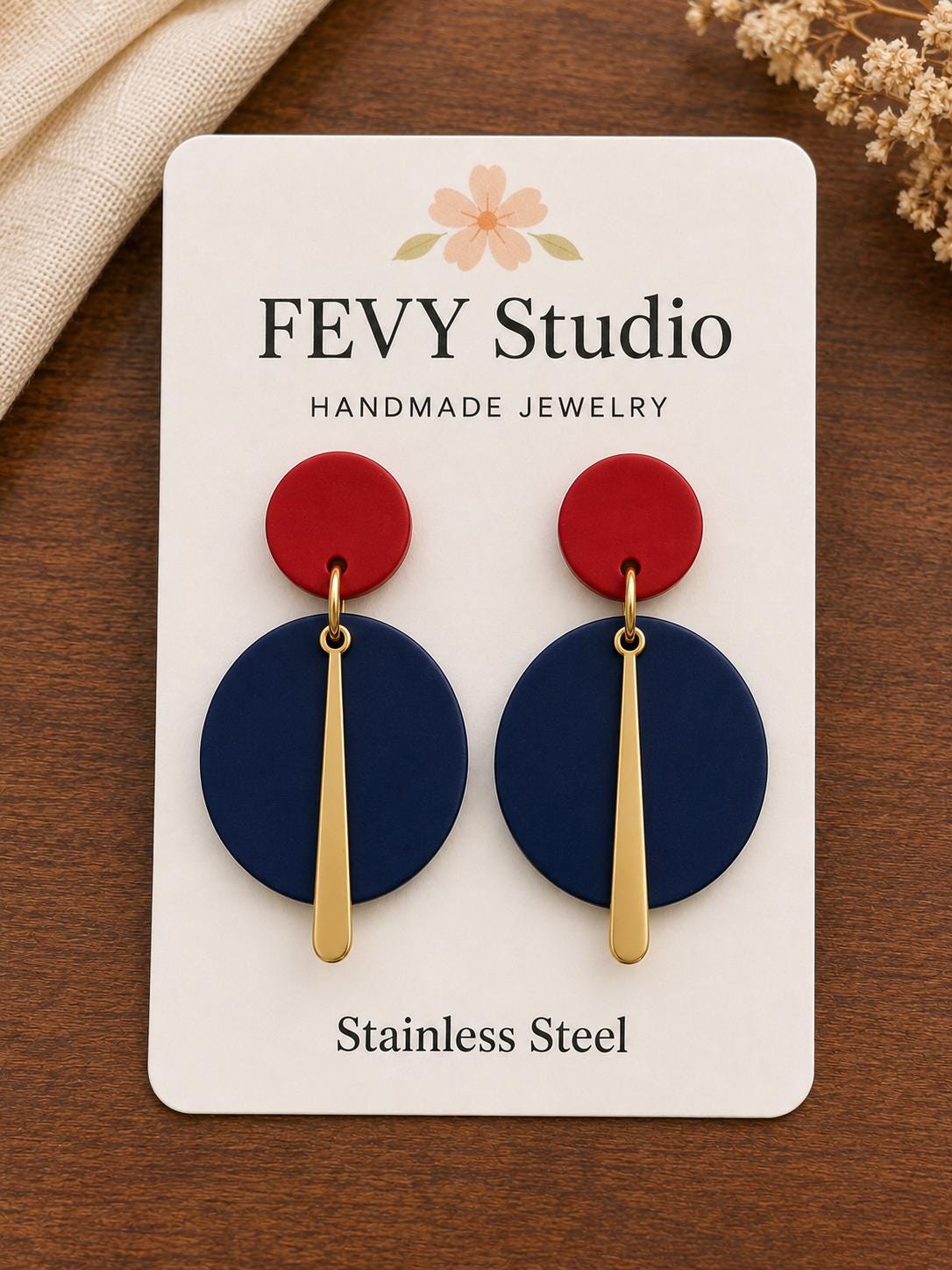 Red Navy Blue Polymer Clay Earrings, Modern Gold Bar Dangle Earrings, Handmade Lightweight Statement Jewelry Gift for Her