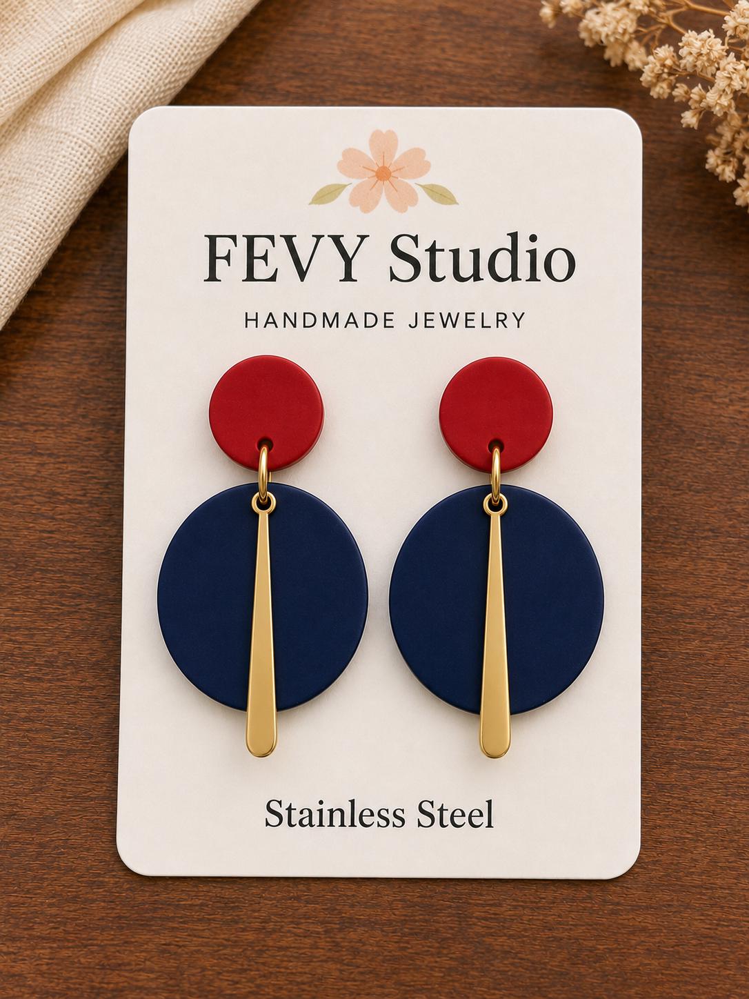 Navy Blue & Red Statement Earrings, Modern Geometric Polymer Clay Earrings, Gold Bar Dangle Earrings, Lightweight Stainless Steel Jewelry