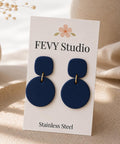 Navy Blue Polymer Clay Dangle Earrings, Handmade Lightweight Statement Earrings, Modern Minimalist Jewelry, Stainless Steel Gift