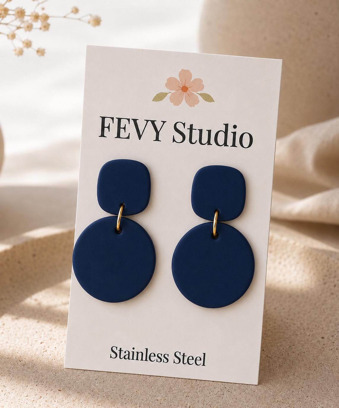 Navy Blue Polymer Clay Dangle Earrings, Handmade Lightweight Statement Earrings, Modern Minimalist Jewelry, Stainless Steel Gift