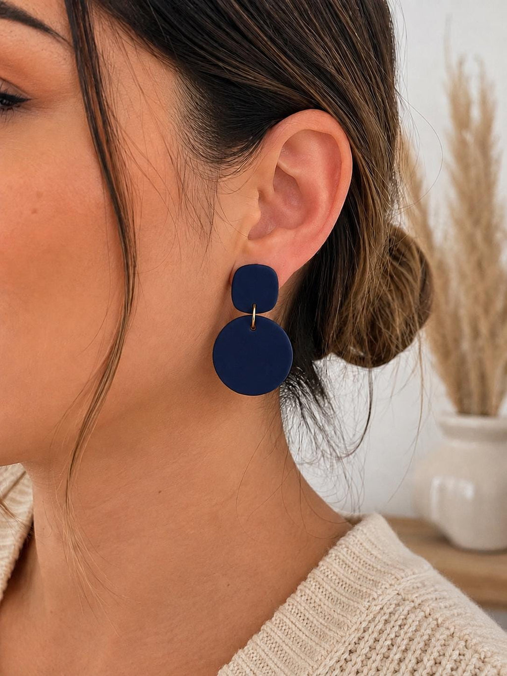 Navy Blue Polymer Clay Dangle Earrings, Handmade Lightweight Statement Earrings, Modern Minimalist Jewelry, Stainless Steel Gift