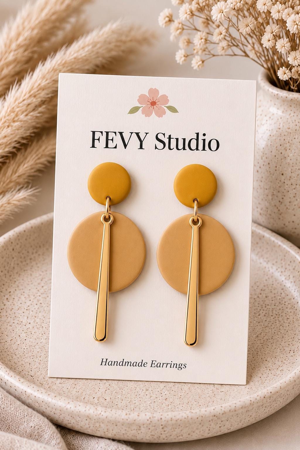 Mustard Polymer Clay Earrings, Modern Geometric Dangle Earrings, Handmade Statement Earrings, Lightweight Gift for Her