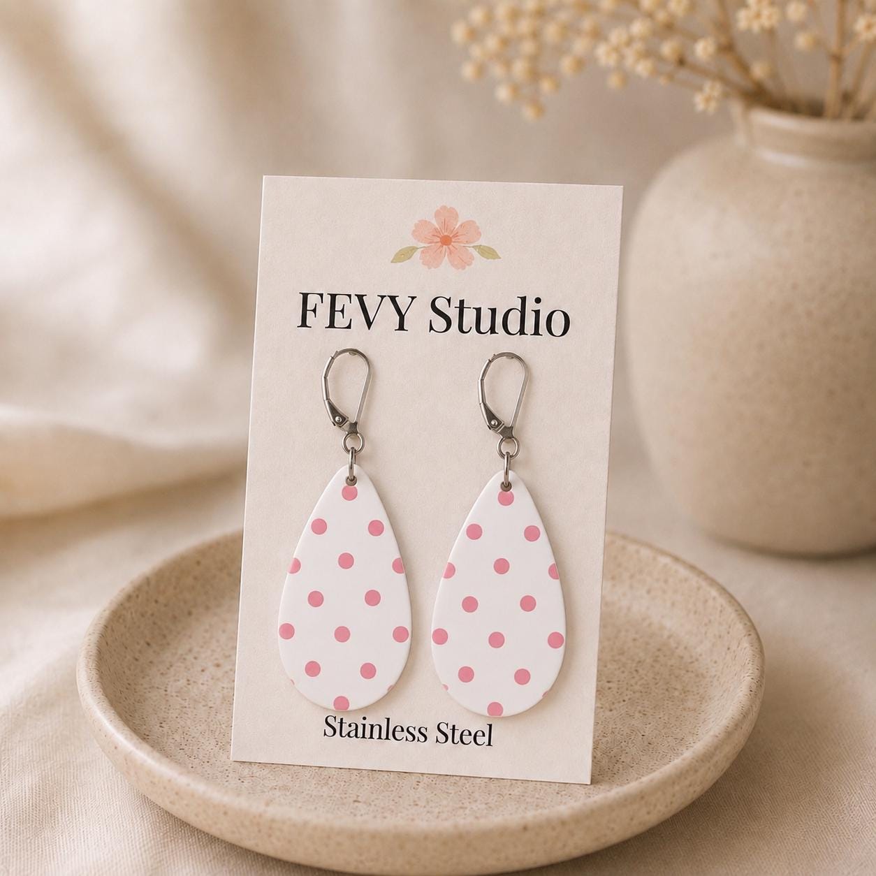 Pink Polka Dot Teardrop Earrings | White Statement Earrings | Lightweight Polymer Clay Dangle Earrings | Cute Handmade Gift for Women