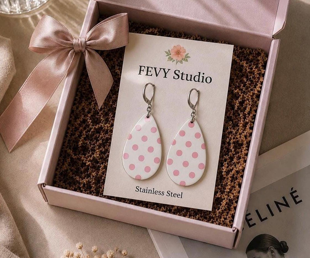 Pink Polka Dot Teardrop Earrings | White Statement Earrings | Lightweight Polymer Clay Dangle Earrings | Cute Handmade Gift for Women