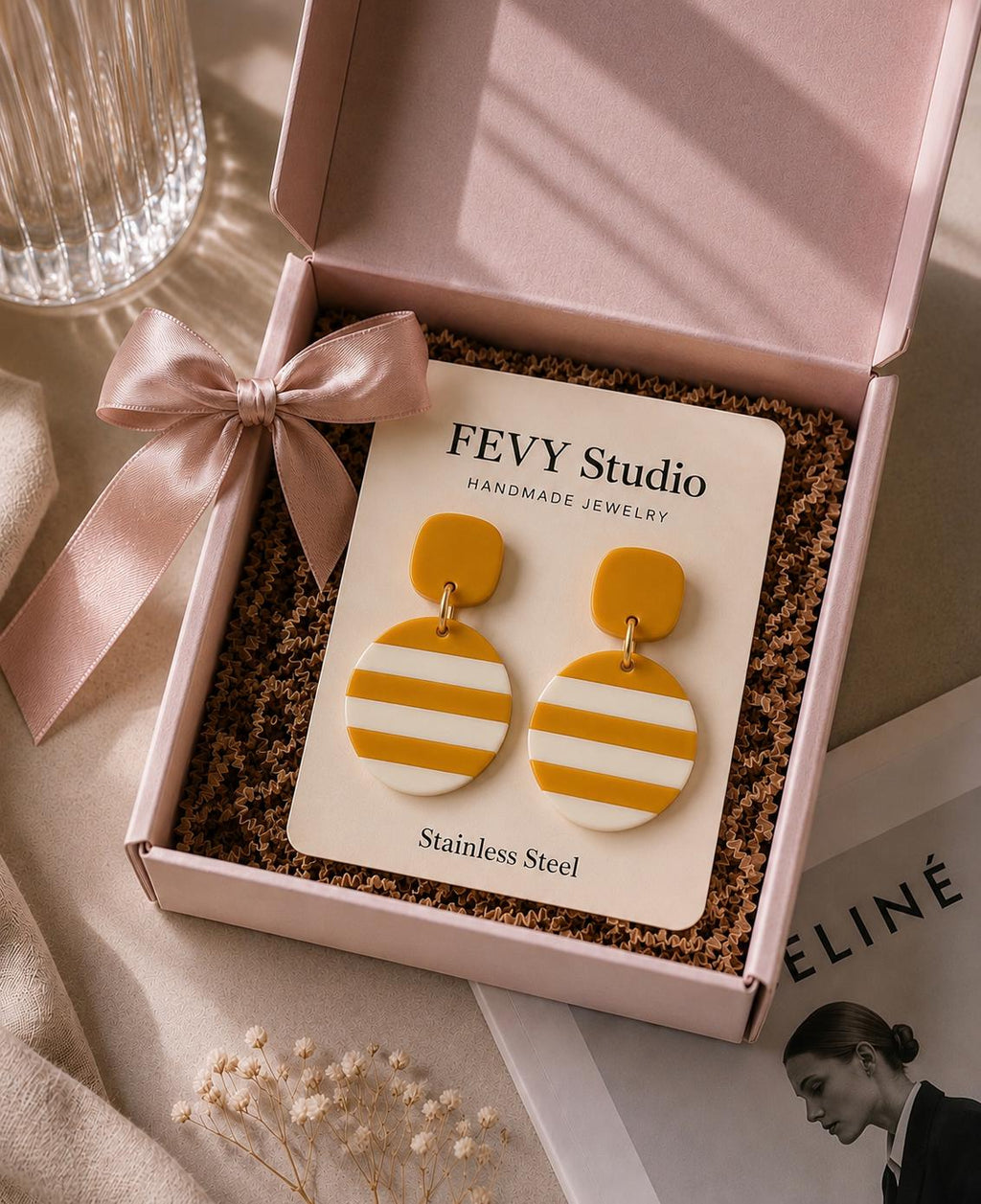 Mustard & Ivory Striped Polymer Clay Earrings | Handmade Statement Dangle Earrings | Lightweight Stainless Steel Earrings | Modern Boho