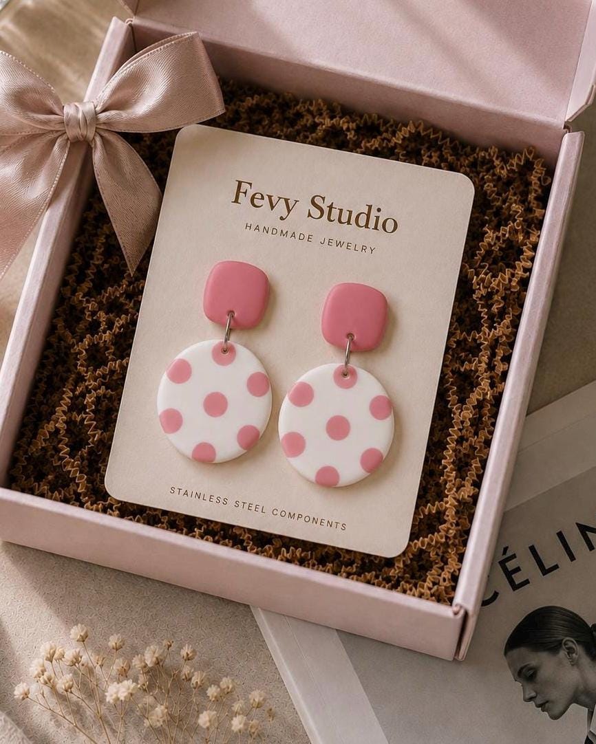 Pink Polka Dot Statement Earrings | Handmade Polymer Clay Dangle Earrings | Lightweight Cute Earrings | Gift for Her