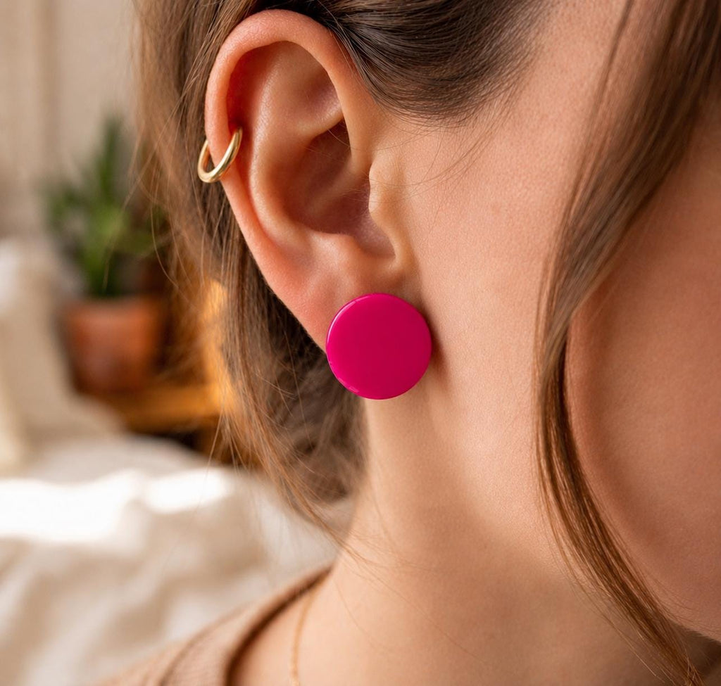 Hot Pink Stud Earrings Set | Fuchsia Polymer Clay Earrings | Minimalist Black & Pink Marble Studs | Stainless Steel Gift for Women