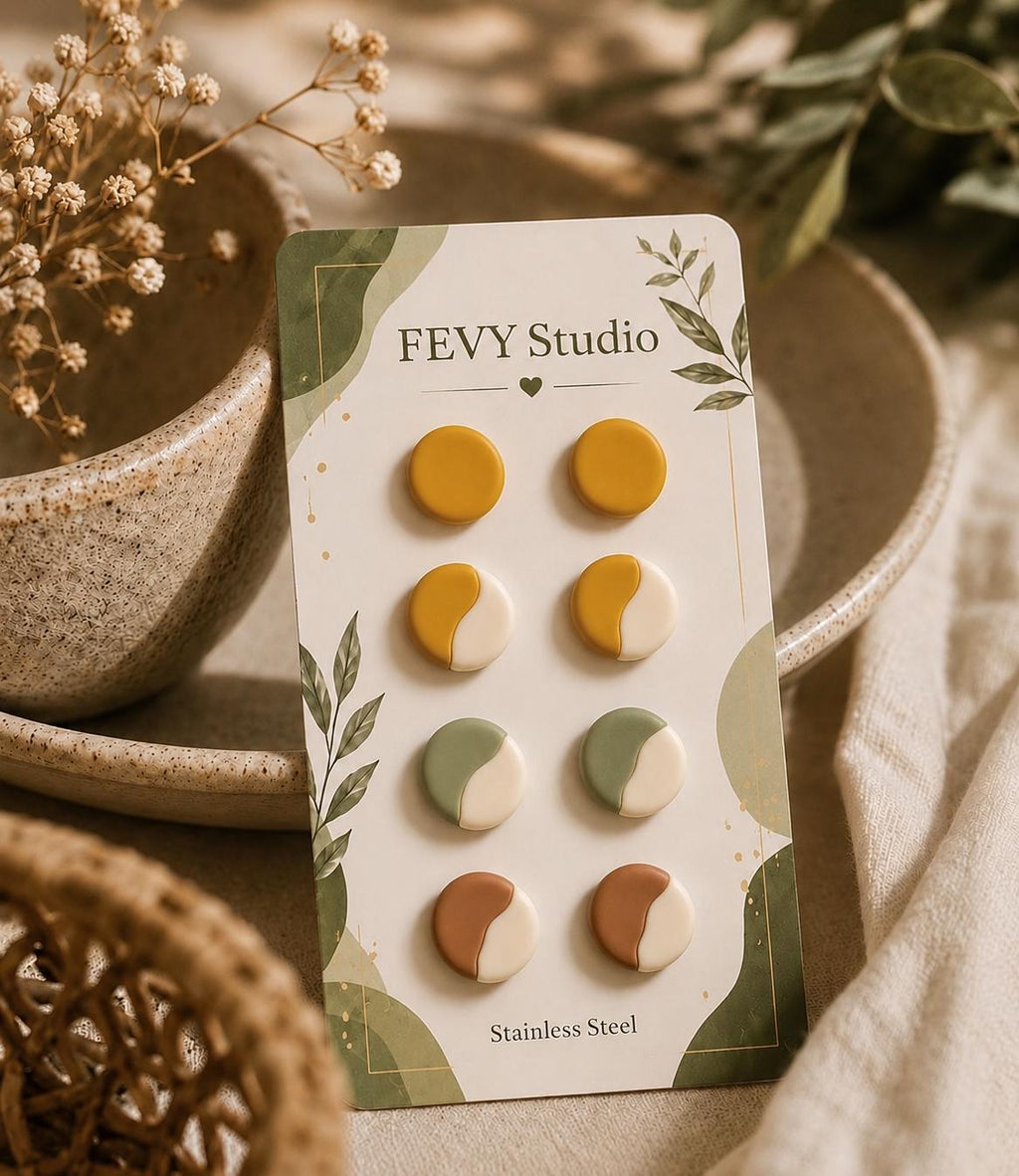 Mustard Beige Stud Earrings, Polymer Clay Stud Earrings, Minimalist Earrings, Sage Green Brown Studs, Neutral Fall Earrings, Handmade Gift