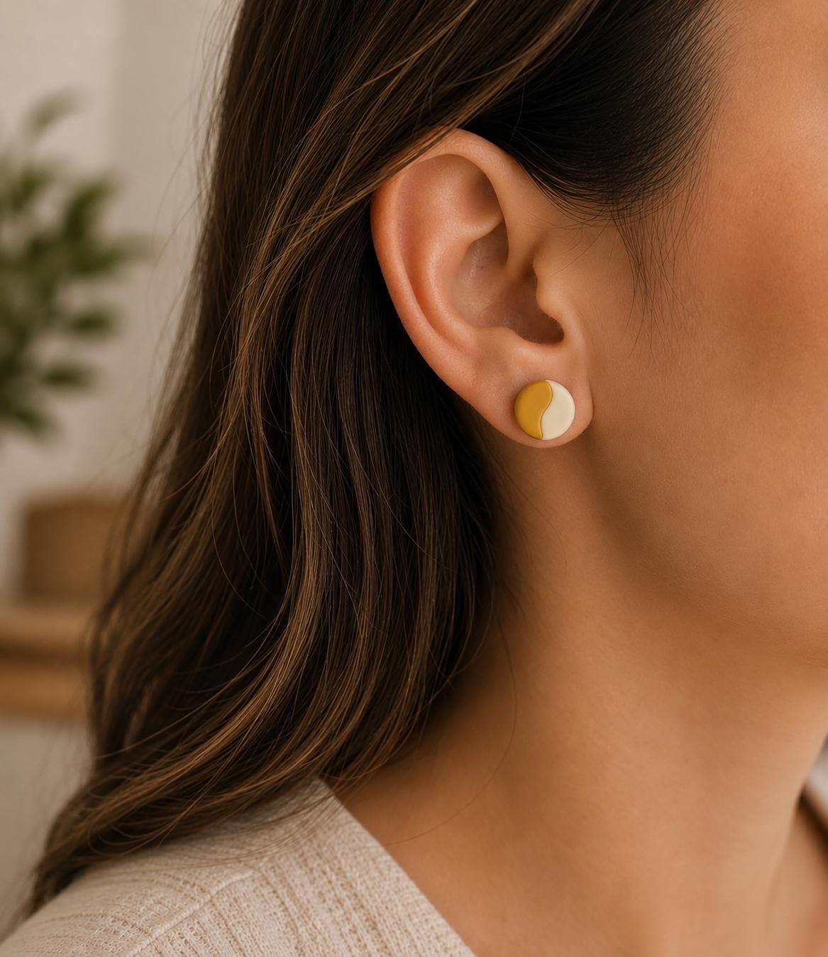 Mustard Beige Stud Earrings, Polymer Clay Stud Earrings, Minimalist Earrings, Sage Green Brown Studs, Neutral Fall Earrings, Handmade Gift