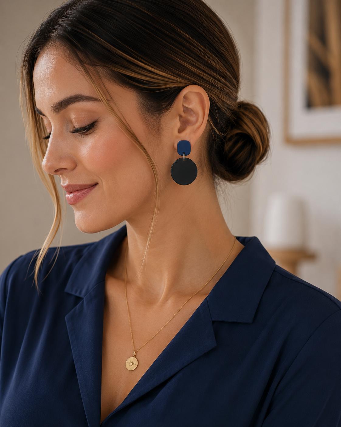 Navy Blue & Black Polymer Clay Earrings | Modern Statement Dangle Earrings | Lightweight Handmade Earrings | Stainless Steel Jewelry