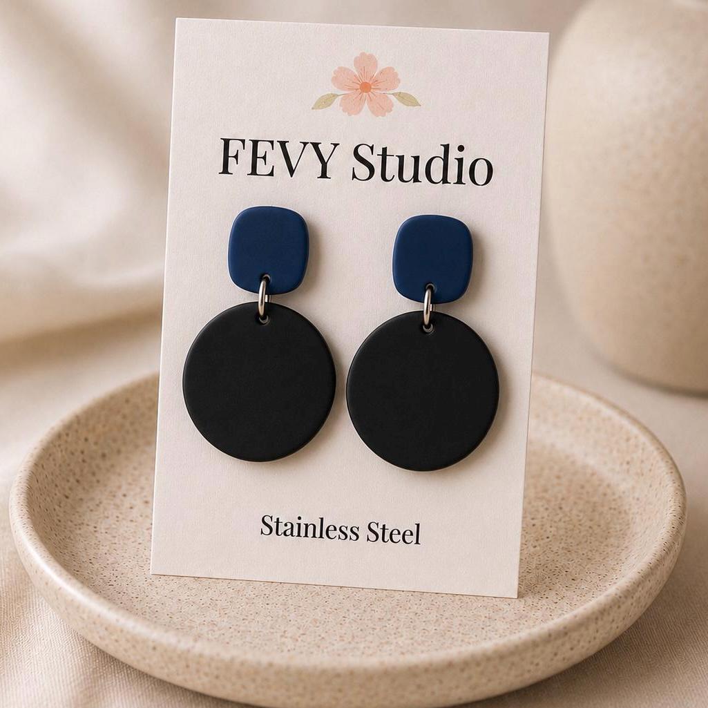 Statement Navy Blue Black Earrings | Handmade Polymer Clay Dangle Earrings | Lightweight Minimalist Jewelry | Gift for Her