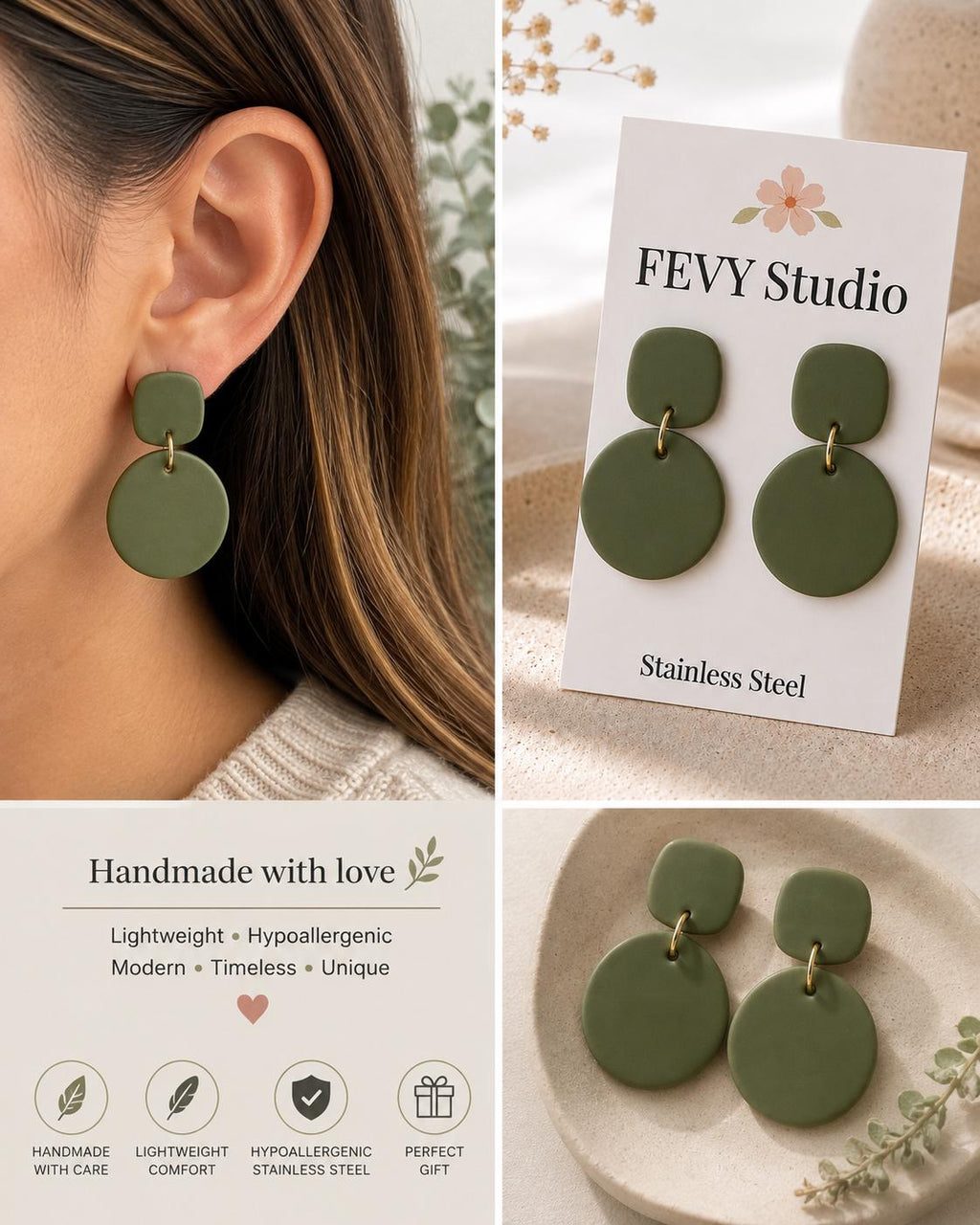 Olive Green Polymer Clay Earrings, Moss Green Statement Earrings, Lightweight Dangle Earrings, Minimalist Boho Jewelry for Women