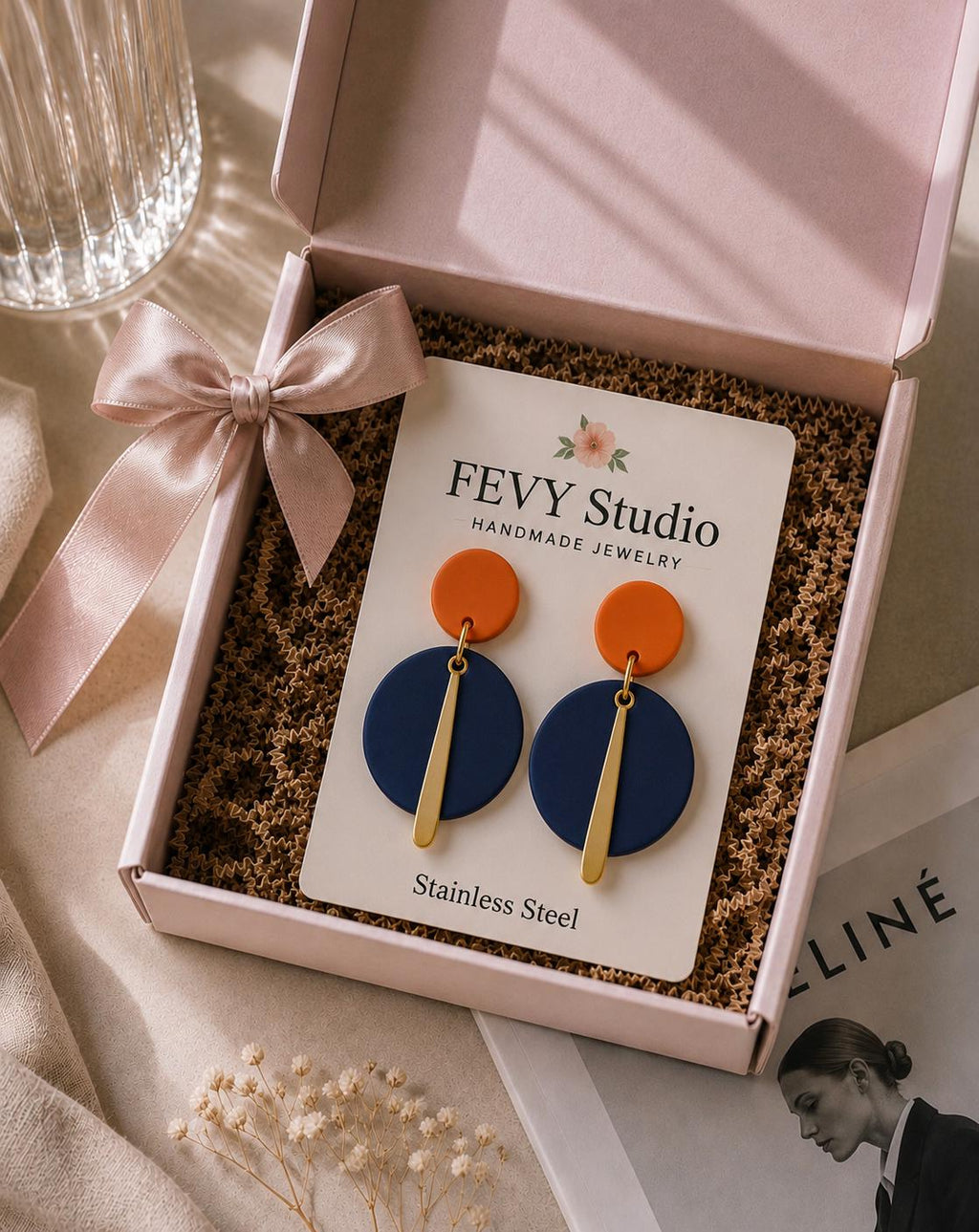 Navy Blue & Burnt Orange Statement Earrings | Handmade Polymer Clay Dangle Earrings | Lightweight Gold Stainless Steel Earrings