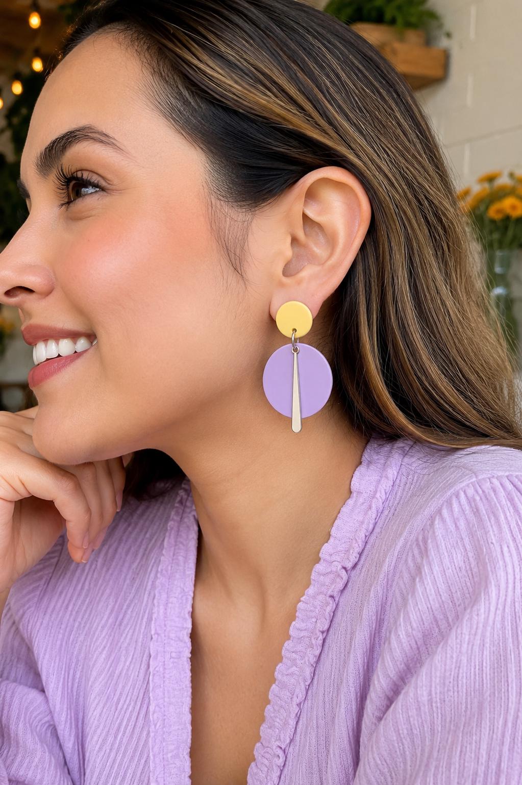 Pastel Polymer Clay Earrings, Butter Yellow Lilac Dangle Earrings, Lightweight Handmade Earrings, Stainless Steel Jewelry Gift