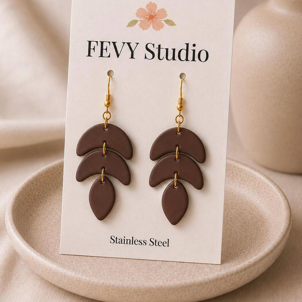 Brown Polymer Clay Statement Earrings, Boho Dangle Earrings for Women, Lightweight Handmade Jewelry, Modern Gift for Her