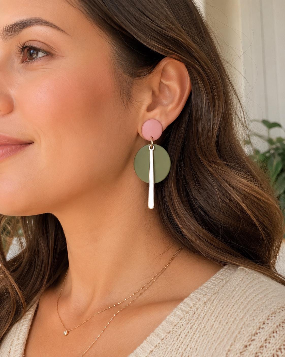 Modern Polymer Clay Earrings | Pink & Sage Green Gold Dangles | Lightweight Statement Earrings | Handmade Minimalist Jewelry Gift for Women