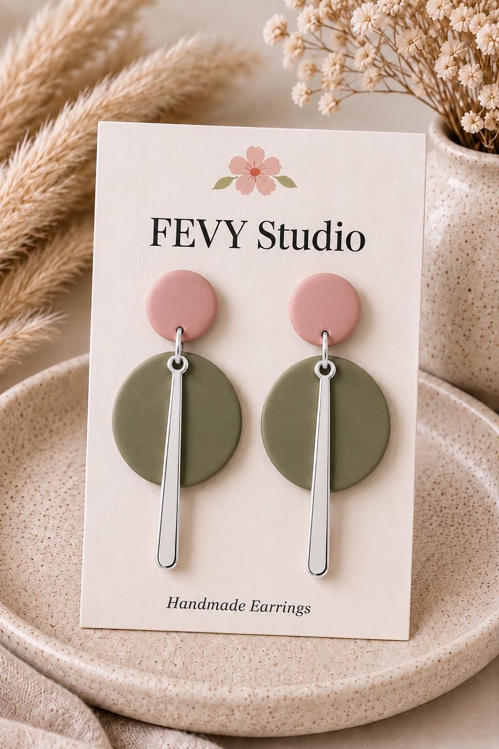 Modern Polymer Clay Earrings | Pink & Sage Green Gold Dangles | Lightweight Statement Earrings | Handmade Minimalist Jewelry Gift for Women