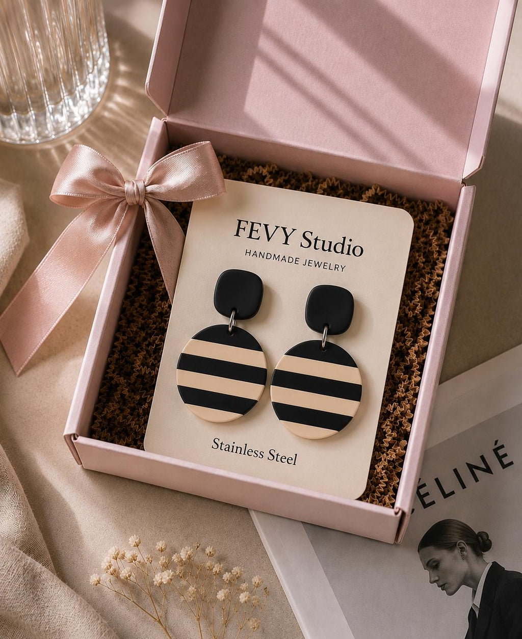 Black & Beige Striped Polymer Clay Earrings | Handmade Statement Dangle Earrings | Modern Minimalist Jewelry | Stainless Steel
