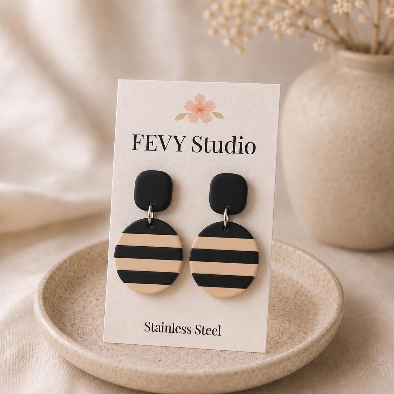 Black & Beige Striped Polymer Clay Earrings | Handmade Statement Dangle Earrings | Modern Minimalist Jewelry | Stainless Steel