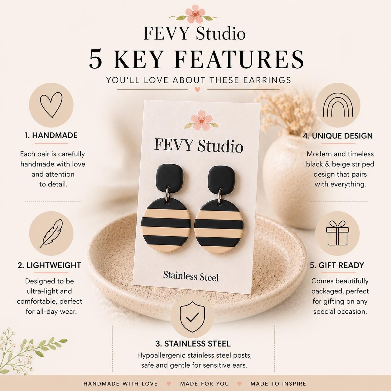 Black & Beige Striped Polymer Clay Earrings | Handmade Statement Dangle Earrings | Modern Minimalist Jewelry | Stainless Steel