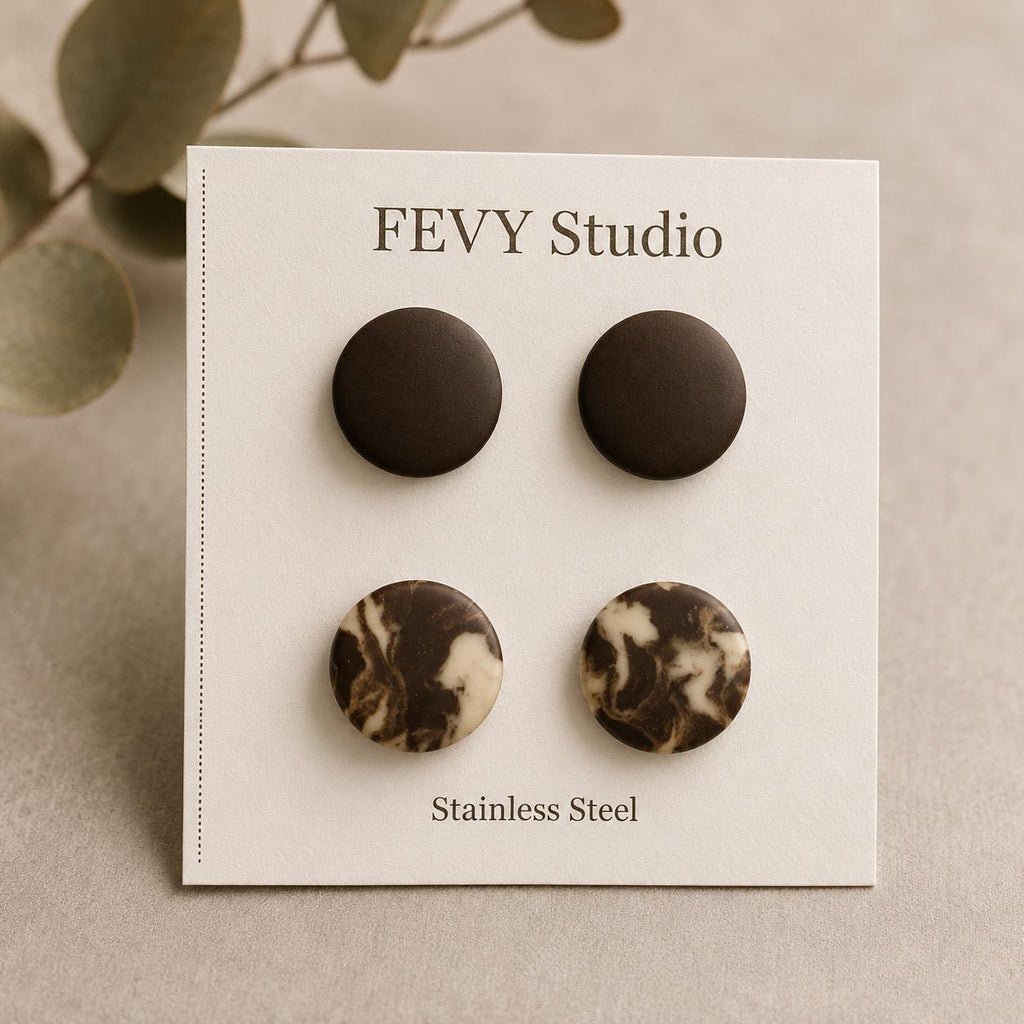Brown Stud Earring Set, Polymer Clay Earrings, 2 Pair Stud Earrings, Chocolate Brown & Marble Studs, Neutral Earrings, Handmade Gift for Her