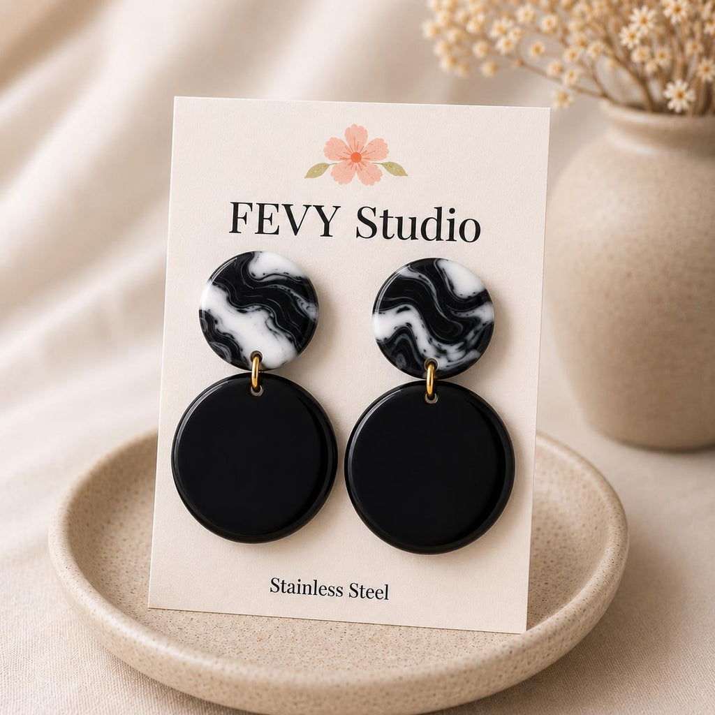 Black & White Marble Statement Earrings | Handmade Polymer Clay Dangle Earrings | Minimalist Modern Jewelry | Gift for Her