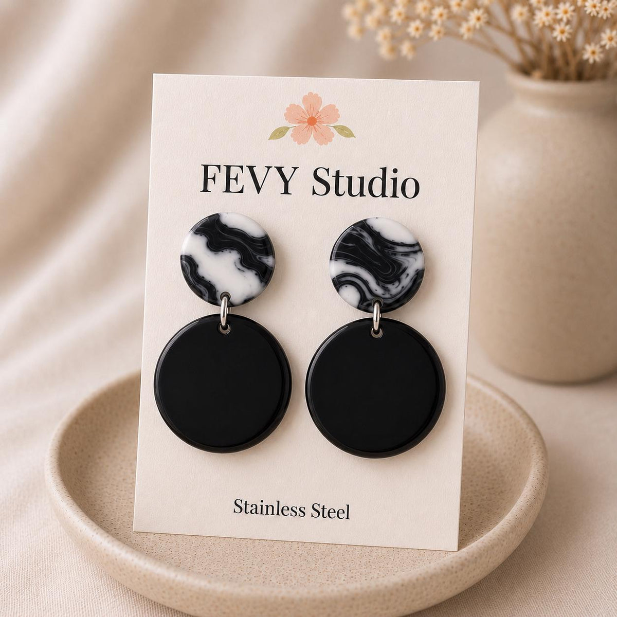 Black & White Marble Statement Earrings | Handmade Polymer Clay Dangle Earrings | Minimalist Modern Jewelry | Gift for Her
