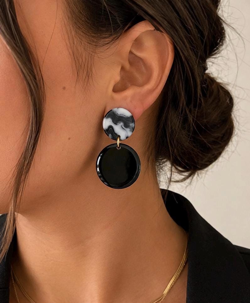 Black & White Marble Statement Earrings | Handmade Polymer Clay Dangle Earrings | Minimalist Modern Jewelry | Gift for Her