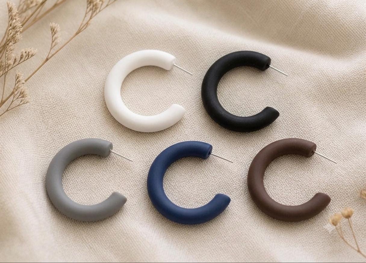 Minimalist Polymer Clay Hoop Earrings 1.5 Inches, Lightweight Matte Hoop Earrings, Modern Statement Jewelry, Neutral Handmade Earrings, Gift