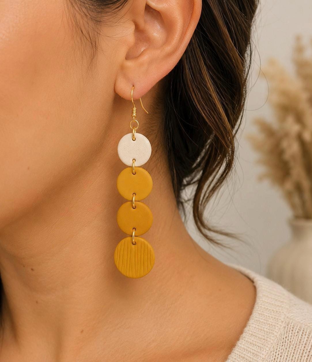 Mustard Disc Earrings | Lightweight Dangle, Gold Stainless Steel Hooks