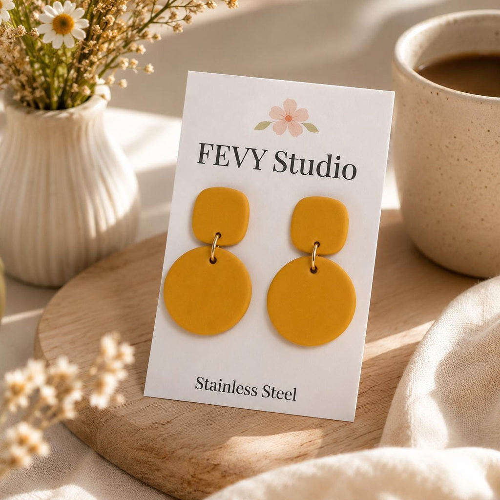 Mustard Yellow Statement Earrings | Minimalist Polymer Clay Dangle Earrings | Lightweight Geometric Earrings | Stainless Steel | Gift